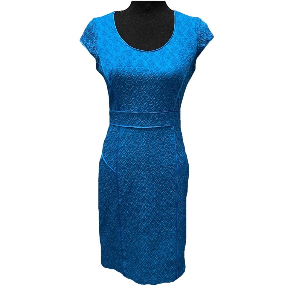 Adrianna Papell Midi Dress Sz 4 Blue Textured Sheath Full Lining Zip Cap Sleeves